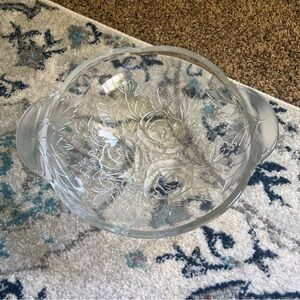EUC Vintage Kig Clear Malaysia Rose Pressed Glass Floral Bowl with Handles
